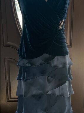 JS Boutique Dark Teal Velvet Wrap Dress with Brooch and Layered Satin Skirt